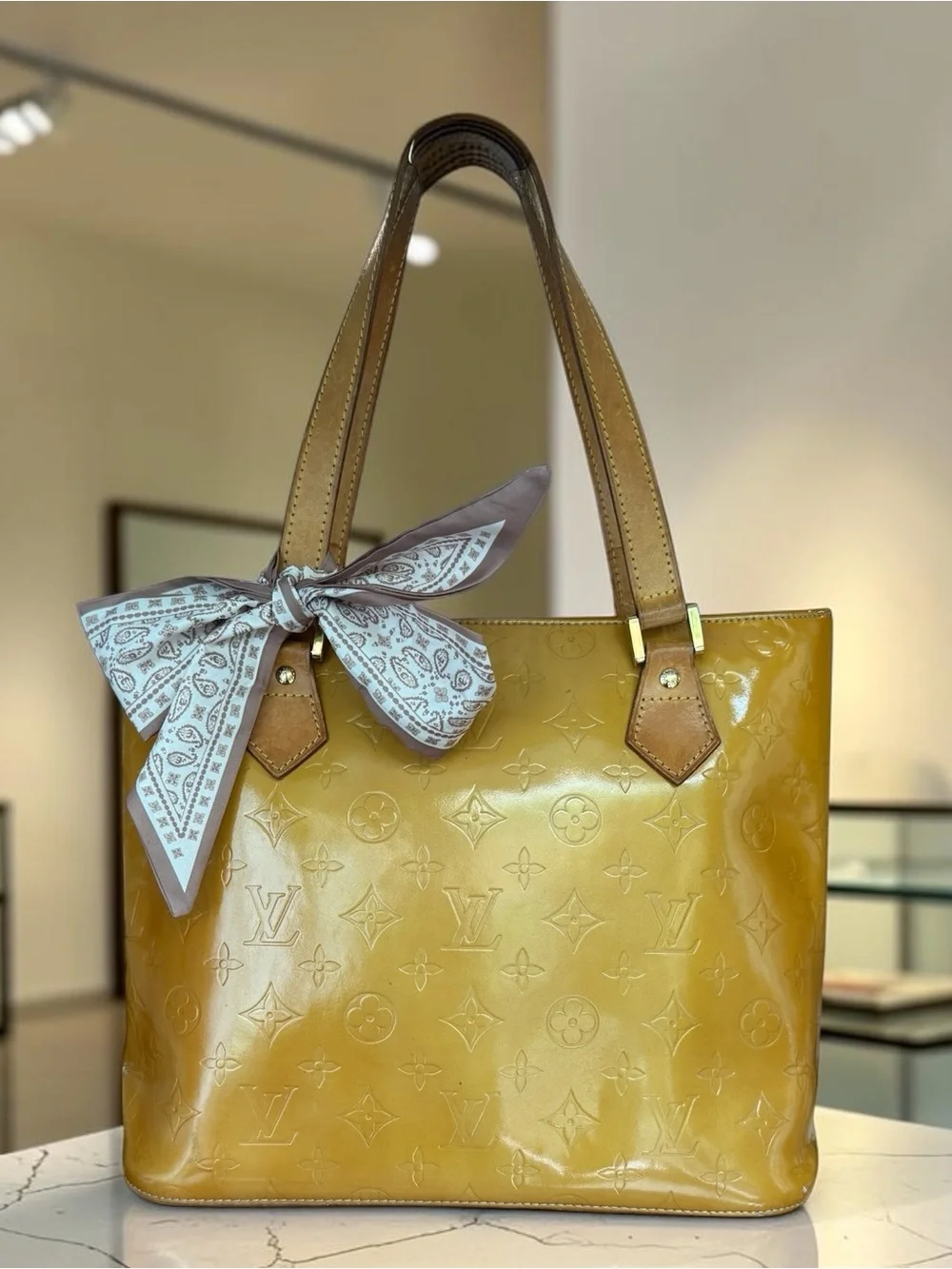 Louis Vuitton Vintage Yellow Vernis Houston Patent Leather Tote